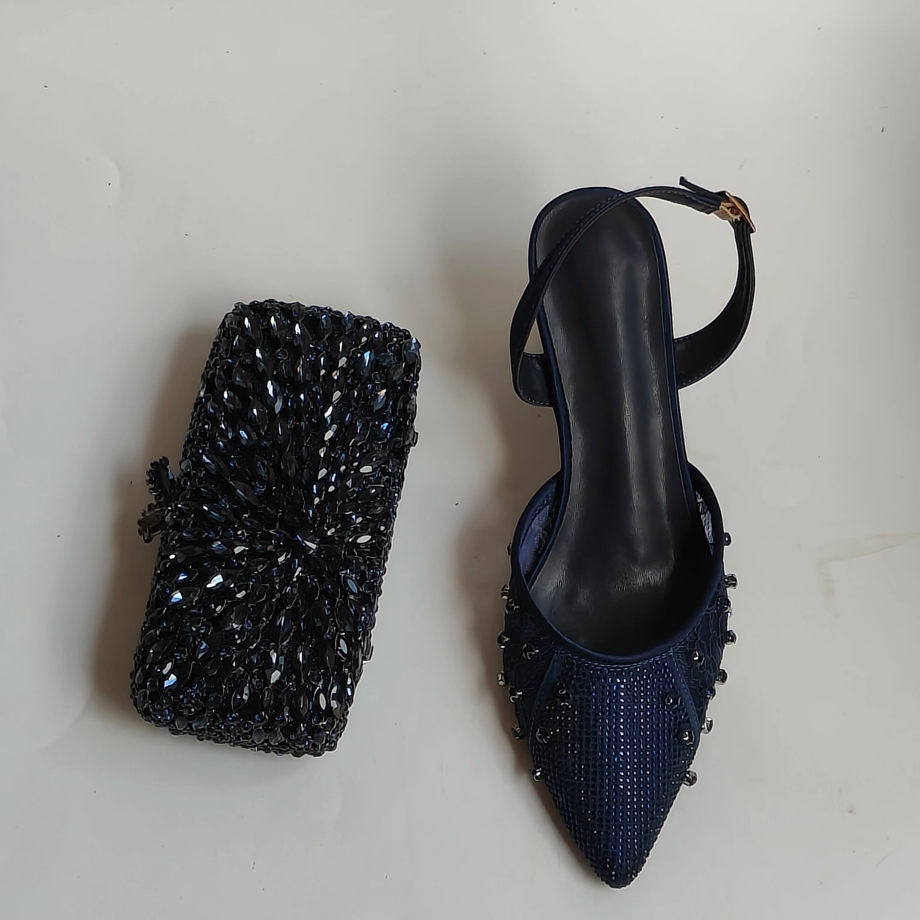 Insightlink Navy Blue Rhinestone Slingback Heels Evening Shoes for Women, Luxury Crystal Evening Shoes and Bag for Wedding Party