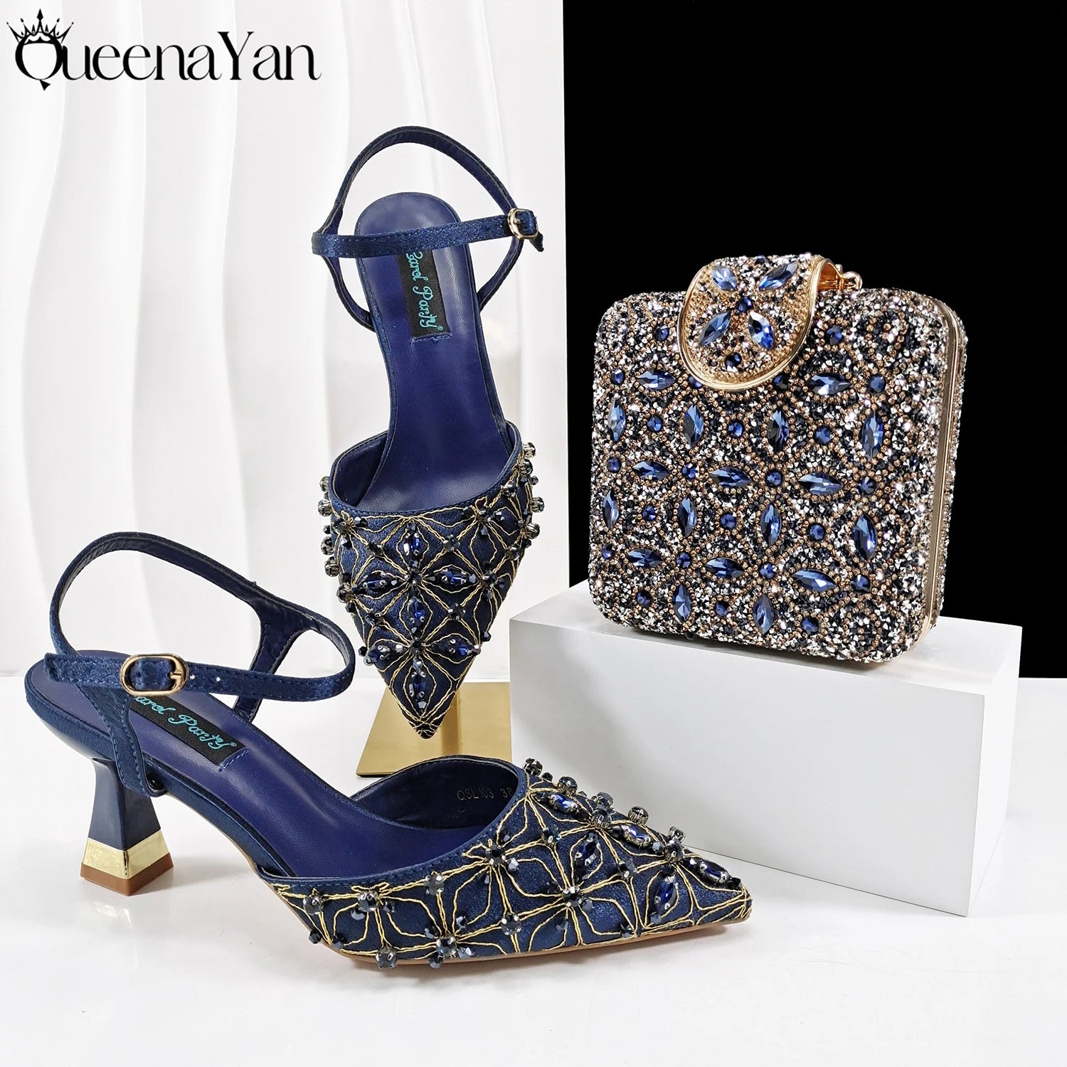 Queena Yan New Arrival Lovely Style Coffee Color Rhinestone Decoration Design Pointed Toe Lady Shoes and Bag for Party Wedding
