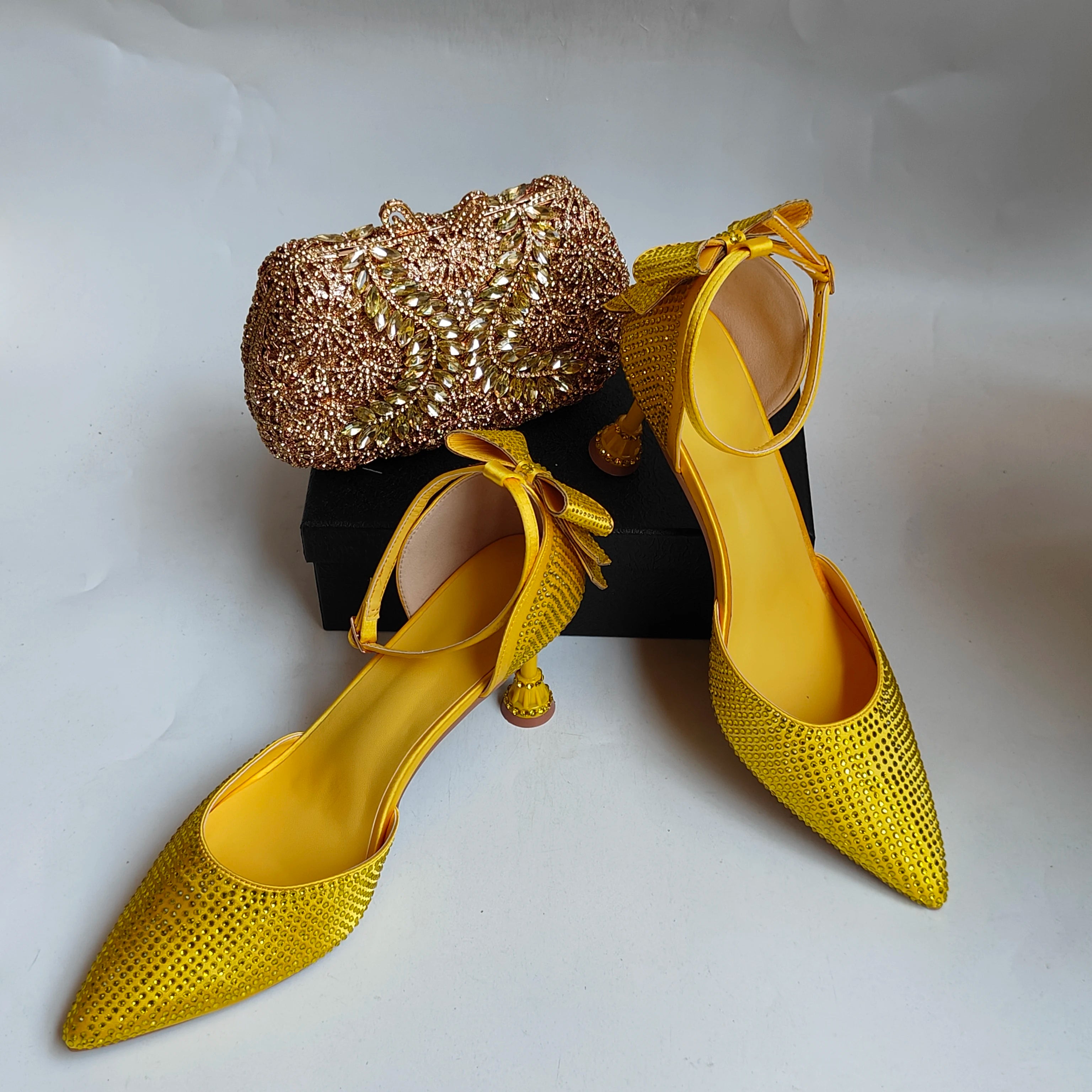 Insightlink Yellow Rhinestone Bow Ankle Strap Heels Square Clutch Set Luxury Crystal Evening Shoes Bag for Wedding Party Prom