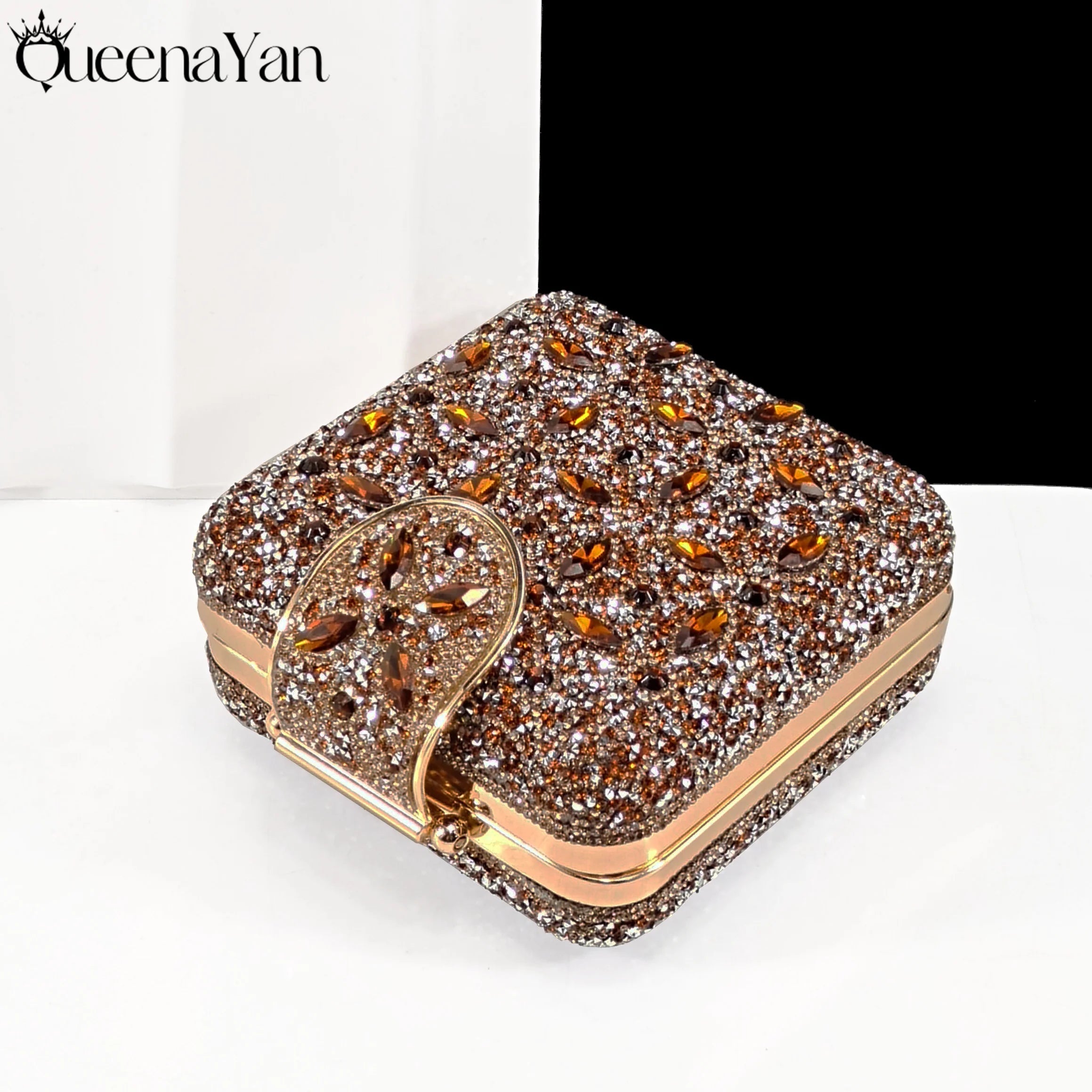 Queena Yan New Arrival Lovely Style Coffee Color Rhinestone Decoration Design Pointed Toe Lady Shoes and Bag for Party Wedding