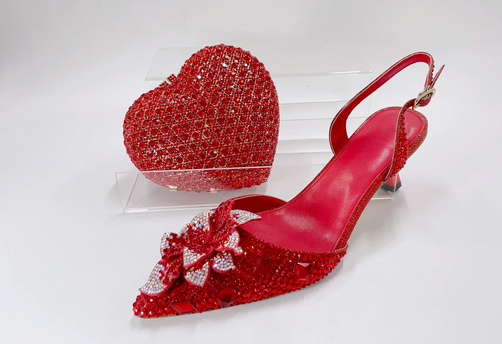 INSIGHTLINK Red Color Party Shoes and Bags Nigerian Women’s Suit Medium Heel Pointed Toe Women’s Shoes Rhinestones Sandals Red