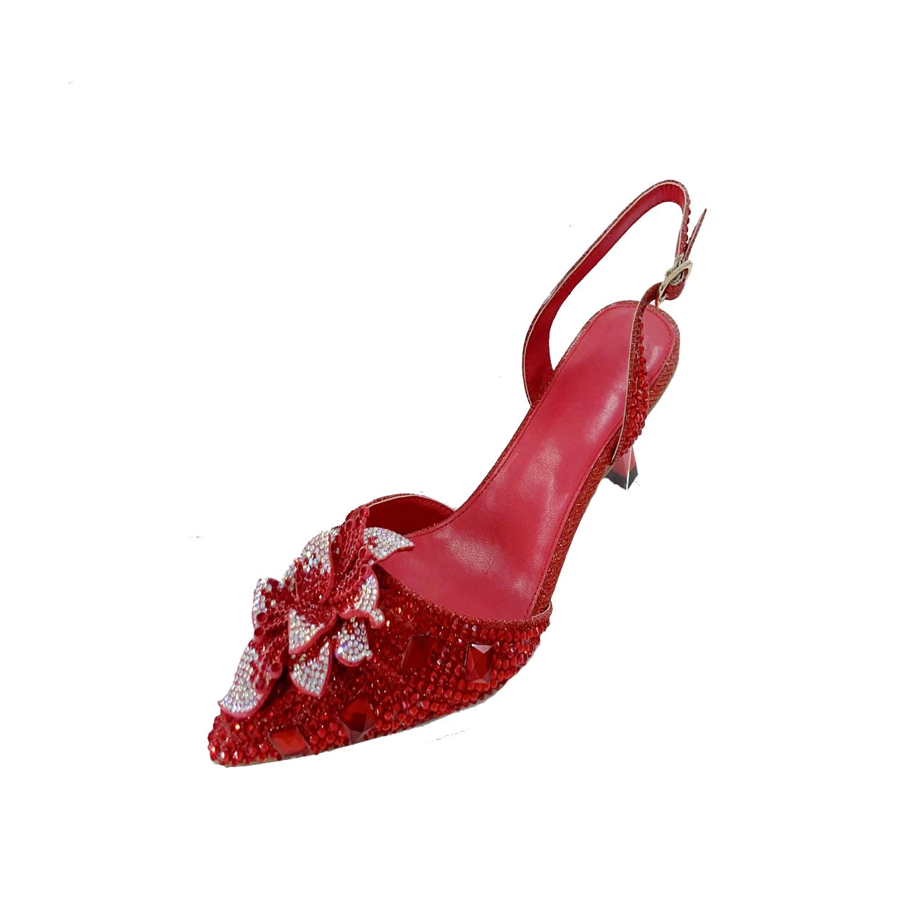 INSIGHTLINK Red Color Party Shoes and Bags Nigerian Women’s Suit Medium Heel Pointed Toe Women’s Shoes Rhinestones Sandals Red