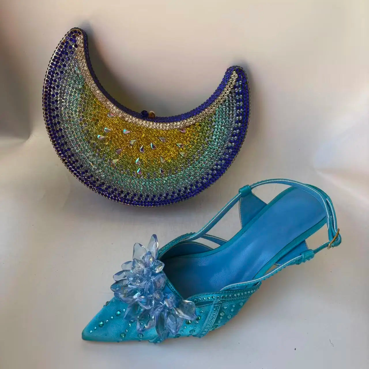INSIGHTLINK Royal Blue Color Pointed Toe with Bag Comfortable Heels Rhinestones Design Ladies Slipper with Handbag Set For Party