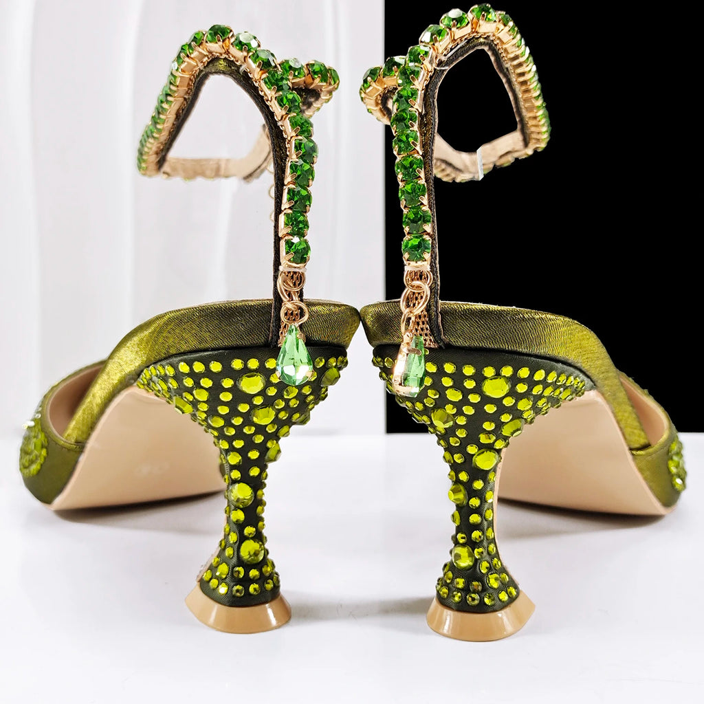 QueenaYan New African Popular Pointed Toe Shoes Anklet Design and Metal Handle Soft Small Bag High Heels Party Shoes for Women