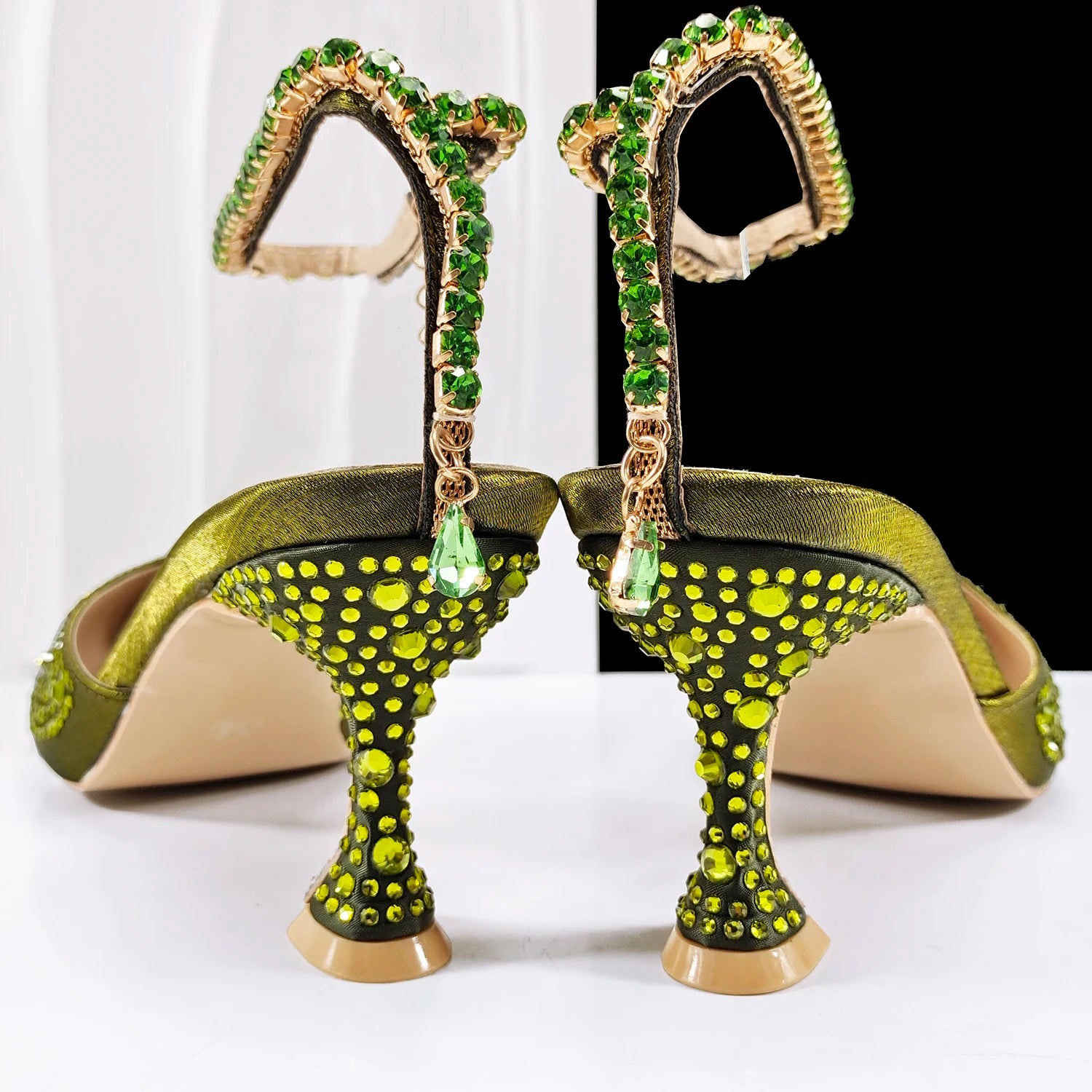 QueenaYan New African Popular Pointed Toe Shoes Anklet Design and Metal Handle Soft Small Bag High Heels Party Shoes for Women