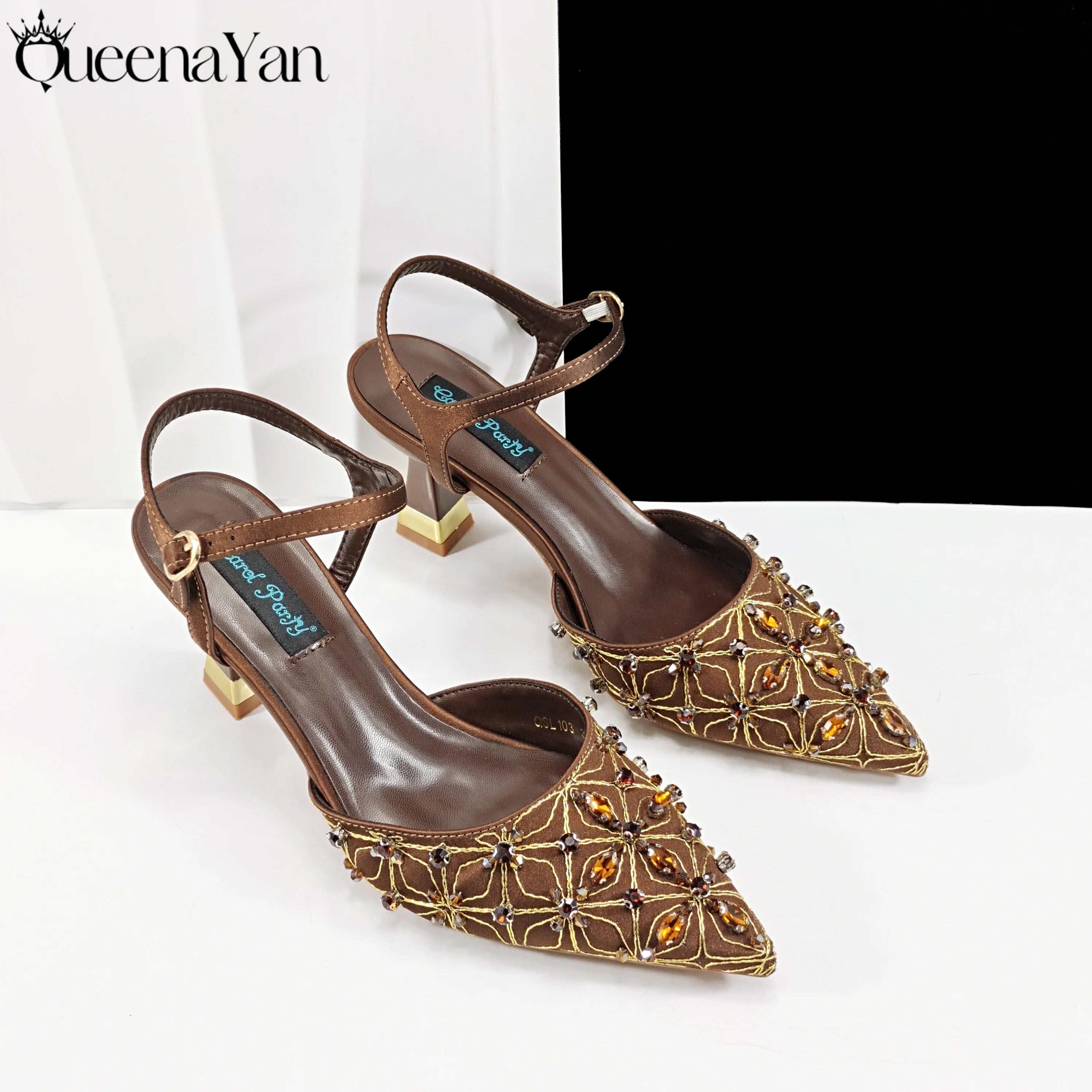 Queena Yan New Arrival Lovely Style Coffee Color Rhinestone Decoration Design Pointed Toe Lady Shoes and Bag for Party Wedding