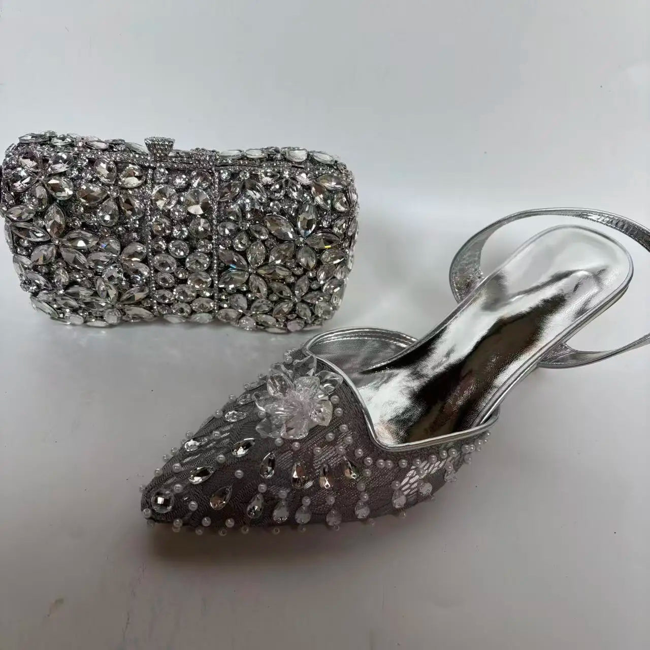 Insightlink Summer New Pointed Toe Rhinestone Lace Wedding Shoes with Bag High-Heeled Sandals Crystal Banquet Dress Sandal